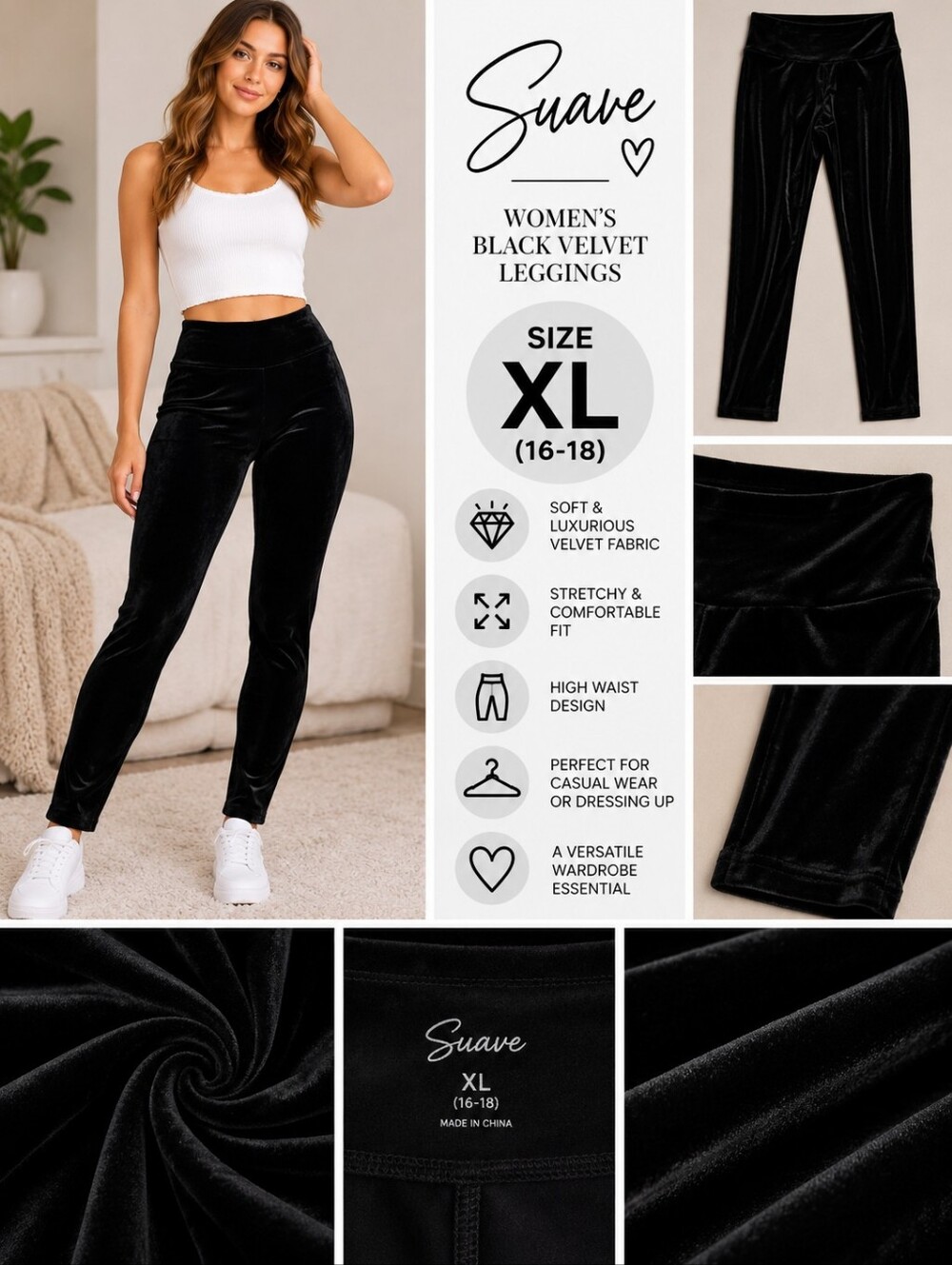 Suave women's XL black velvet leggings #37